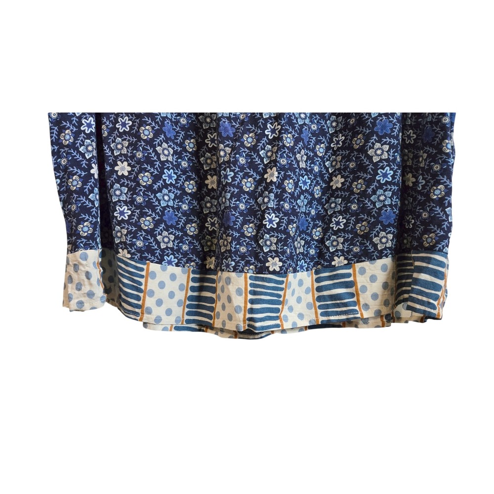 Blue Tassel Womens L Boho Mixed Print Floral Polka Dot Lace Trim Blouse Blue - Picture 4 of 9